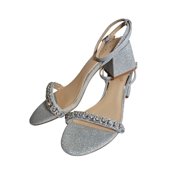 Jewel Badgley Mischka  Odonna Silver Glitter Open Toe Block Heel Sandals sz 6.5 - Picture 10 of 17